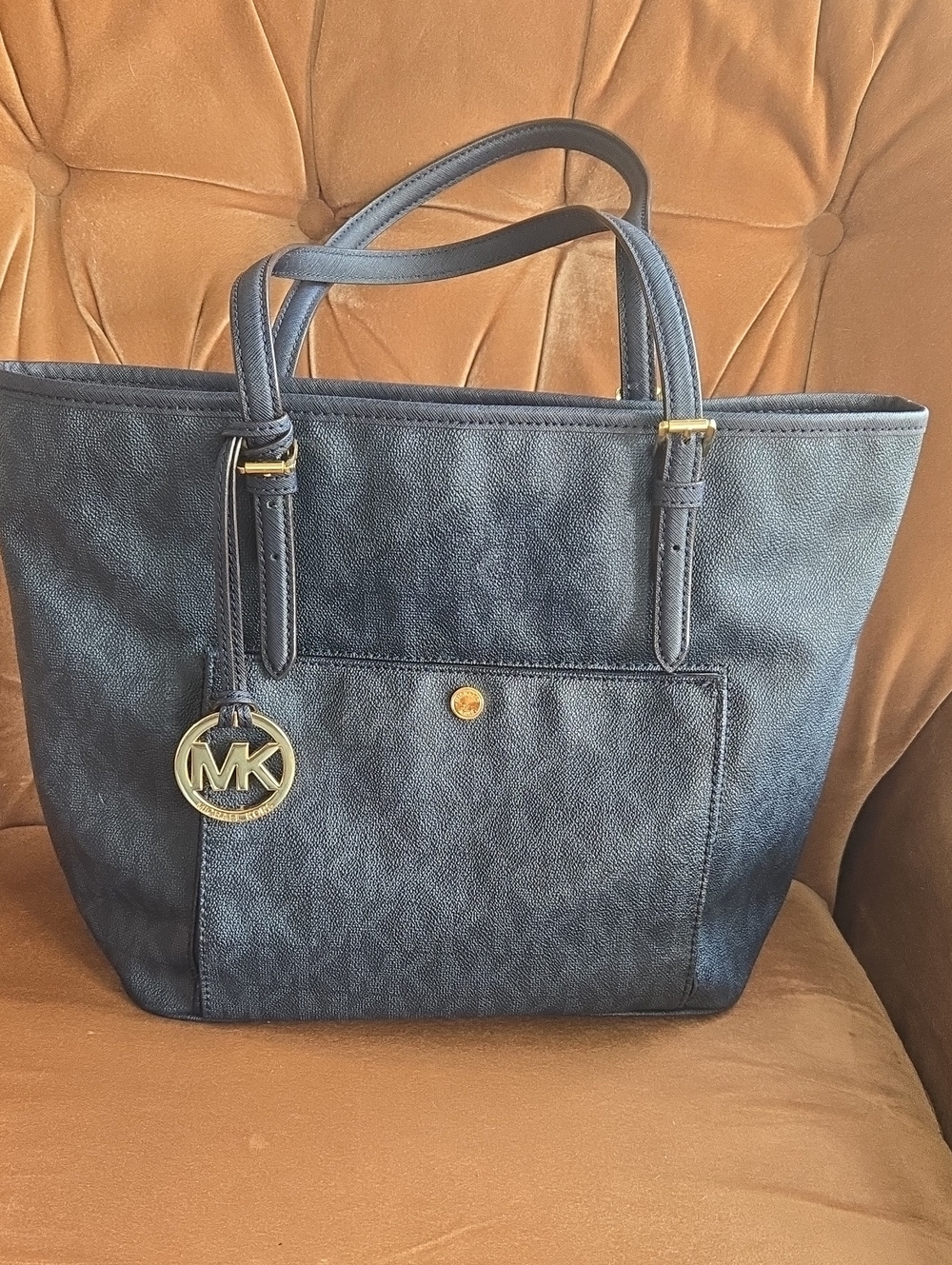 Michael Kors Navy Leather Tote with Gold MK Charm